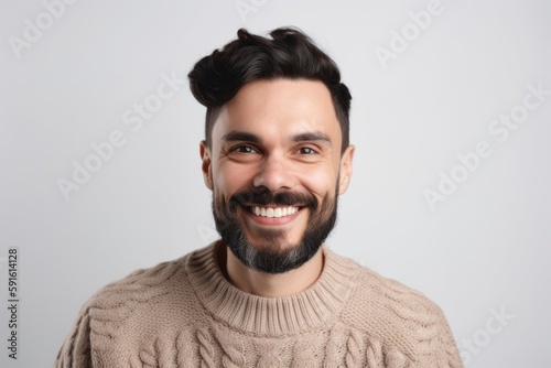 Portrait of handsome young man with beard and mustache on white background