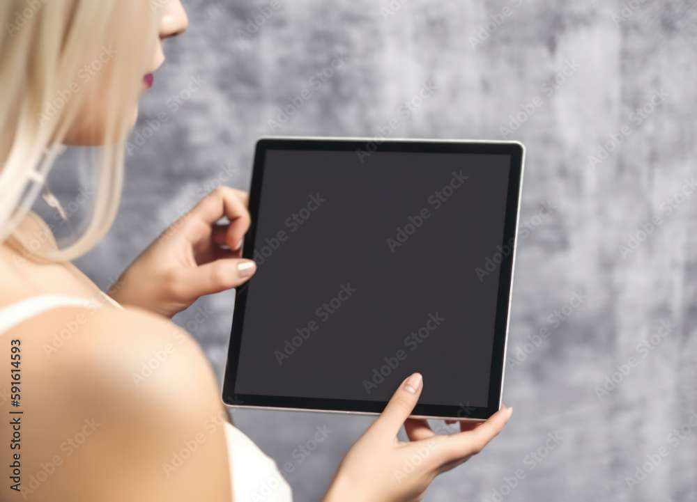 Mockup image of female hands holding and using black tablet pc with blank black desktop screen. Generative AI