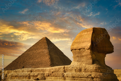 The Great Sphinx of Giza and the Pyramid of Khafreat sunset  Egypt.