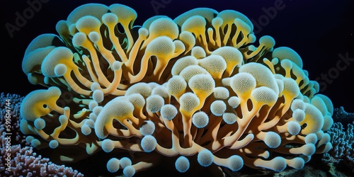 Cauliflower coral (stylophora pistillata) with hood coral (Acropora cervicornis) in the ocean. Generative AI photo