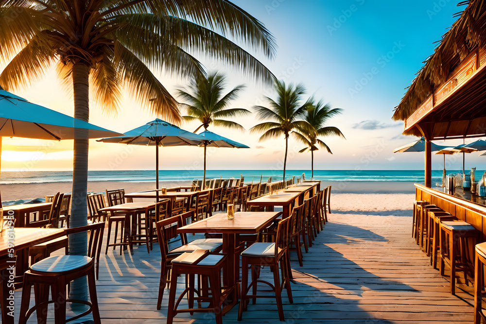 Bar on the sandy beach with the ocean or sea and palm trees as a backdrop. Ai generative.
