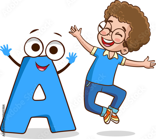 happy cute little kid studies alphabet letter A character