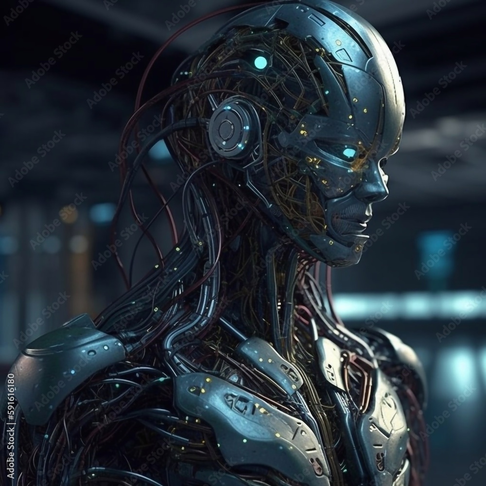 grey dark blue futuristic female ai-robot made out of blue metal and wires in a futuristic computer hall. Ai generated. grey dark blue futuristic female ai-robot made out of blue metal and wires in a futuristic computer hall. Ai generated.