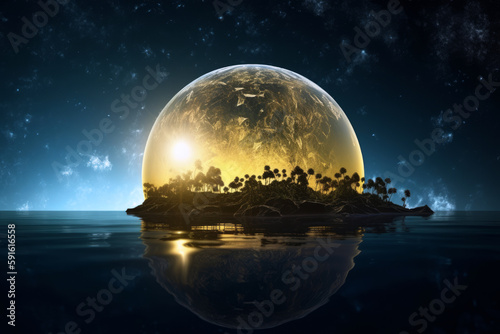 A yellow moon over a body of water with a dark beach in the background. Night yellow moon. Planet in space. Generative AI