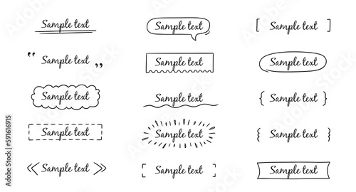 Text title frame handwriting ribbon, square, circle decoration element. Doodle cute title frame simple text box, label, tag. Hand drawn sketch style decoration. Vector illustration.