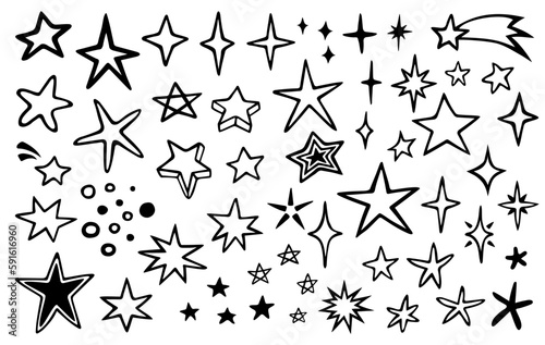 Vector set of different stars and sparkles. Hand drawn, doodle elements isolated on white background.