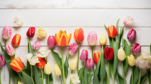bello fondo con tulipanes y flores de colores vistos desde arriba sobre tablones madera clara. Concepto celebraciones, primavera, dia de la madre, cumpleaños, aniversarios photo