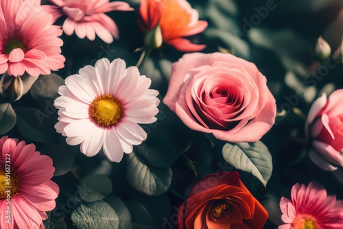 Pattern of pink, red roses, gerbera, bright flowers, colorful spring flowers from early spring garden. Generative AI