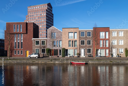 New modern residential buildings along the canal in the Vathorst district in Amersfoort.