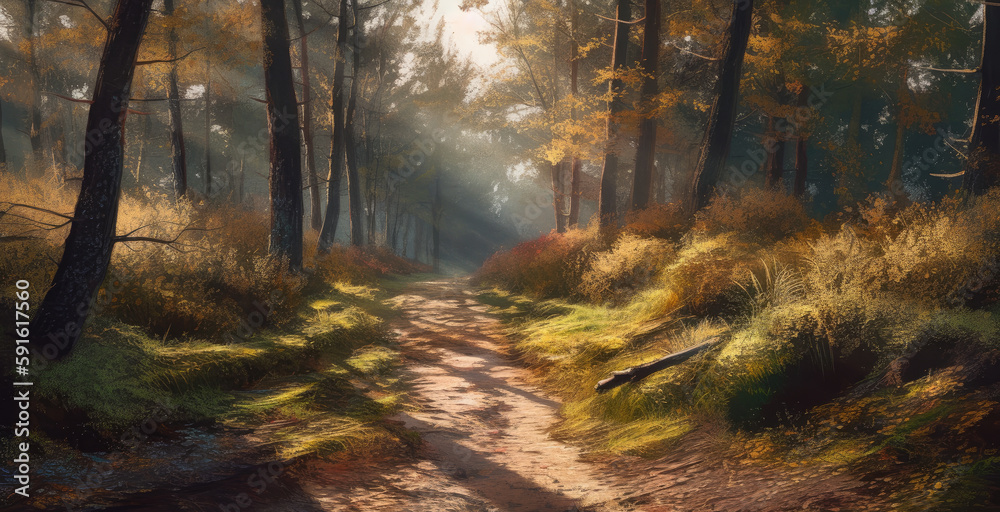 autumn in the forest as oil painting created with Generative AI technology autumn in the forest as oil painting created with Generative AI technology