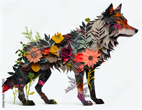 Florals and Paper Illustration of Wolf on White Background. Generative ai