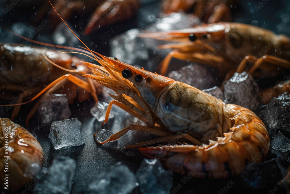 Fresh shrimp lying on crushed ice, seafood Fresh shrimp lying on crushed ice, seafood