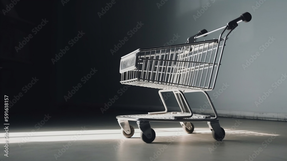 Shopping cart trolley on white background with copy space. Generative AI.