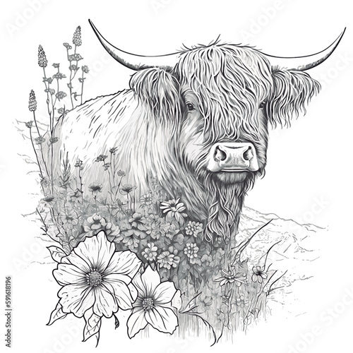 Scottish highland cow. Beautiful highland cow with flowers around in a flower garden. Coloring page