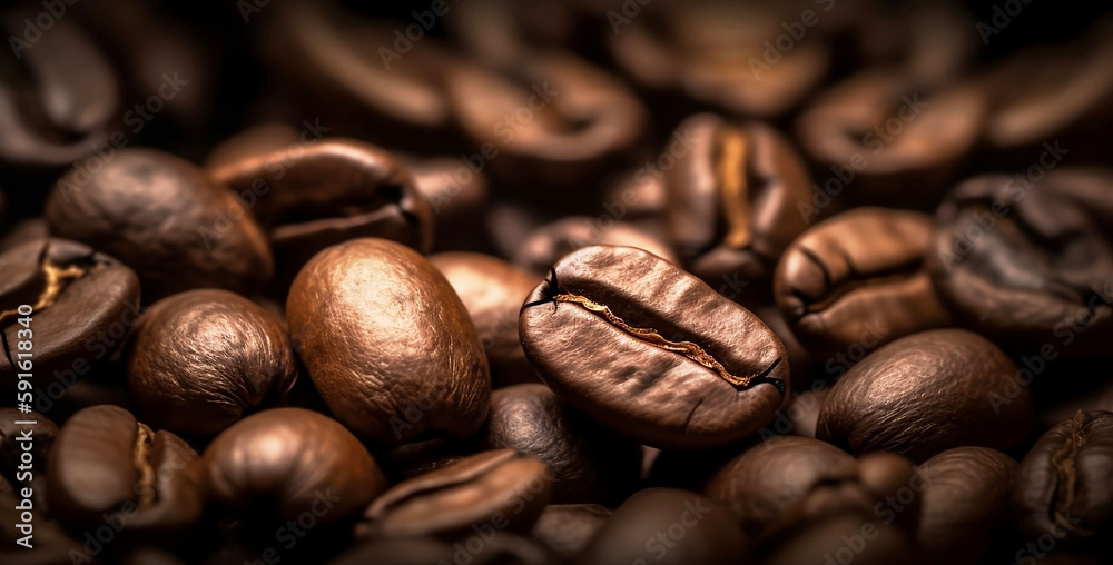 Fototapeta premium Aromatic Coffee Beans Closeup Background with Copy Space for Drink Concept