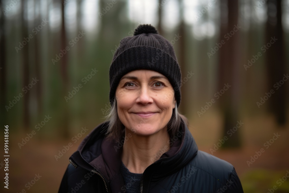 Portrait of a smiling middle-aged woman in the forest. Portrait of a smiling middle-aged woman in the forest.