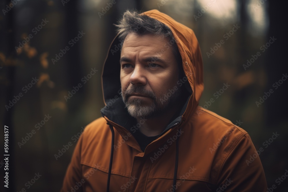 Portrait of a bearded man in an orange jacket in the autumn forest Portrait of a bearded man in an orange jacket in the autumn forest