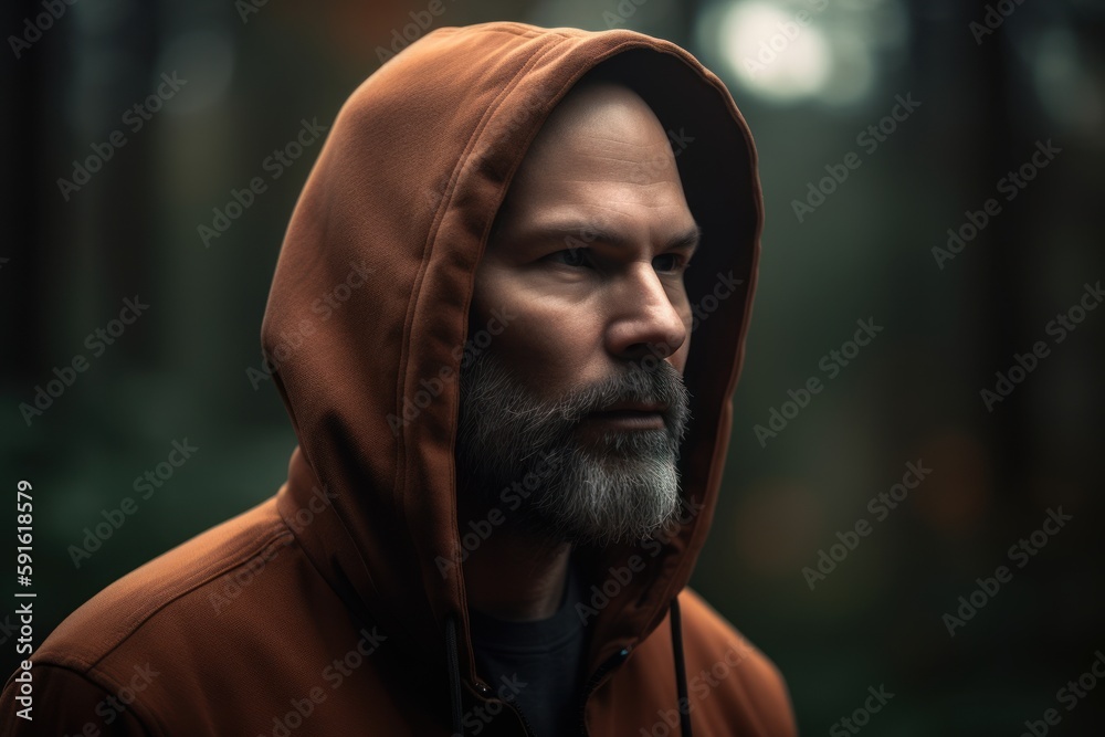 Portrait of a bearded man in a hood on the street.
