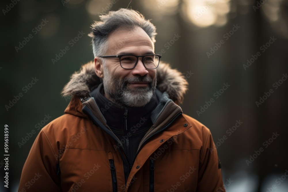 Portrait of a senior man with gray beard and glasses in a brown jacket in the autumn park. Portrait of a senior man with gray beard and glasses in a brown jacket in the autumn park.