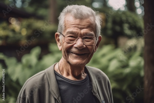 Portrait of happy senior asian man smiling and looking at camera in garden