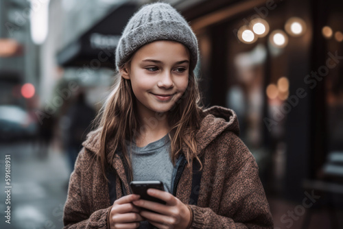 Young girl with a wooly hat outside with her smartphone. Generative AI. © OPPERMAN