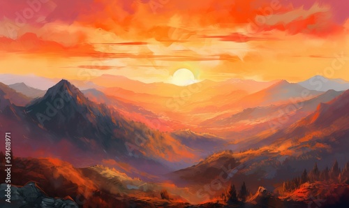  a painting of a sunset over a mountain range with trees. generative ai