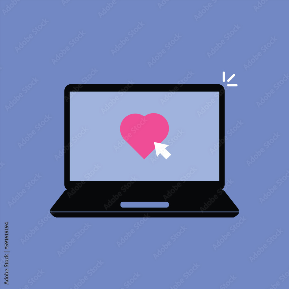 laptop with click on like button. flat simple cartoon style trend modern logo graphic design element. concept of love chat and favorite or positive message and open computer laptop with click on like button. flat simple cartoon style trend modern logo graphic design element. concept of love chat and favorite or positive message and open computer
