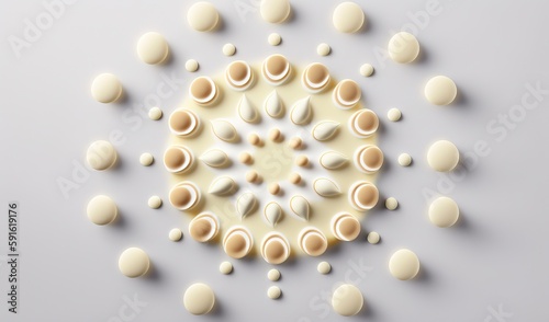  a circular arrangement of food on a white surface with a white background.  generative ai