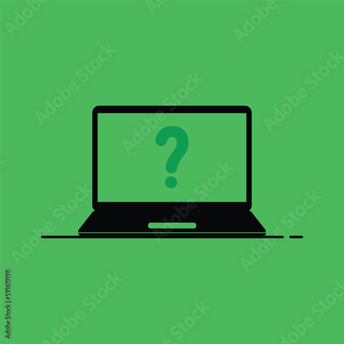 black laptop with green question mark icon. concept of find inform or questionnaire service. flat simple trend modern quizz info logotype graphic web design element isolated on green background
