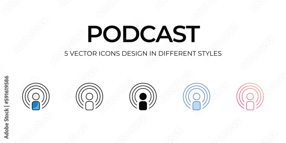 Podcast Icon Design in Five style with Editable Stroke. Line, Solid, Flat Line, Duo Tone Color, and Color Gradient Line. Suitable for Web Page, Mobile App, UI, UX and GUI design. Podcast Icon Design in Five style with Editable Stroke. Line, Solid, Flat Line, Duo Tone Color, and Color Gradient Line. Suitable for Web Page, Mobile App, UI, UX and GUI design.