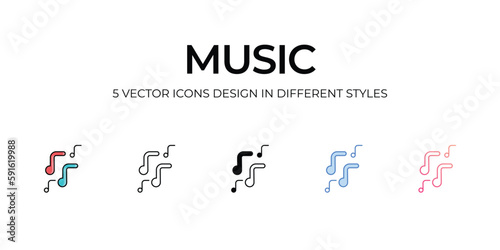 Music Icon Design in Five style with Editable Stroke. Line, Solid, Flat Line, Duo Tone Color, and Color Gradient Line. Suitable for Web Page, Mobile App, UI, UX and GUI design.