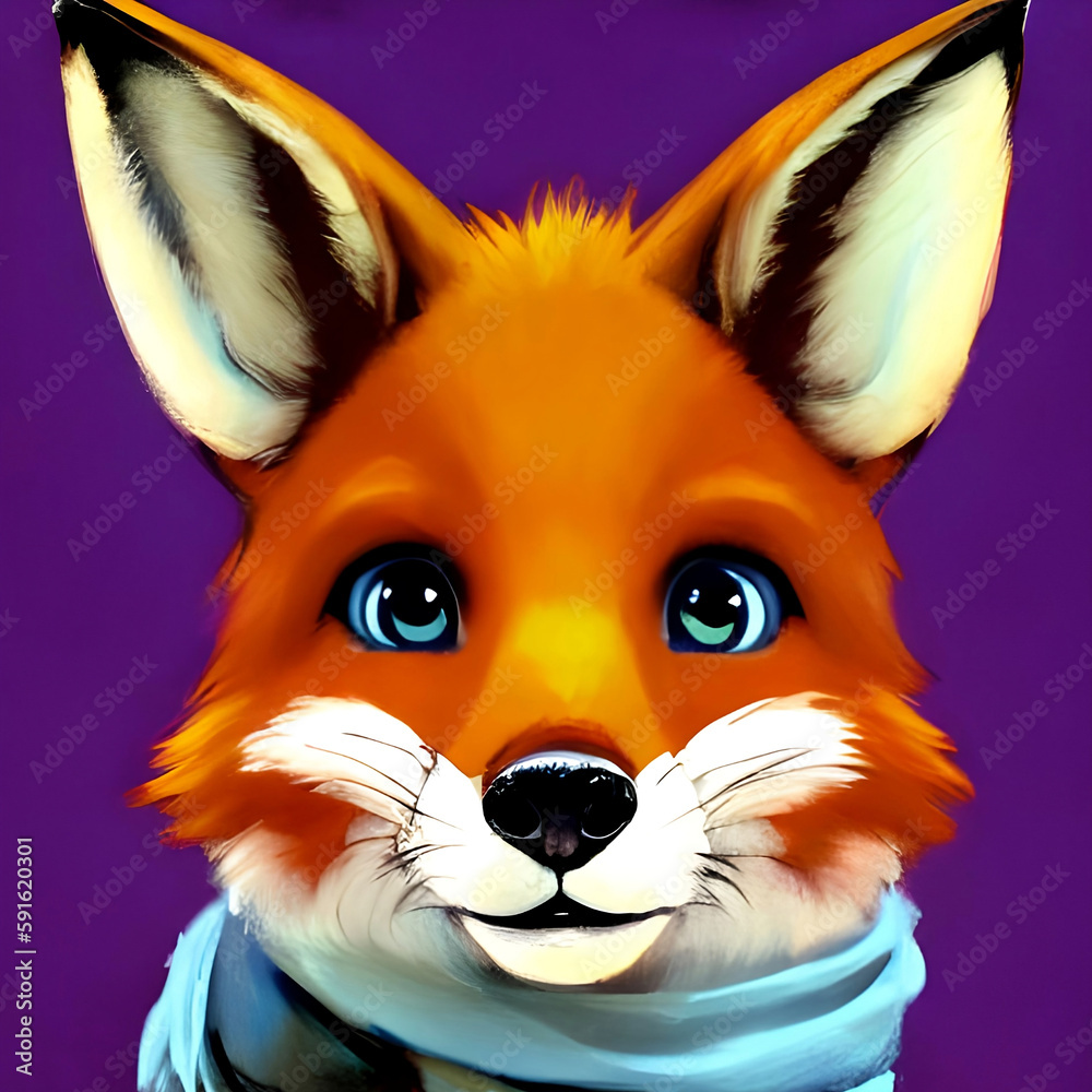 Young red fox in a scarf close-up, on a purple background, image illustration