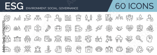 Set of 60 line icons related to ESG, ecology, environment, social, governance. Otuline icon collection. Editable stroke. Vector illustration.