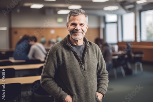 Full-length portrait photography of a satisfied, man in his 50s wearing a cozy sweater against a classroom or educational setting background. Generative AI