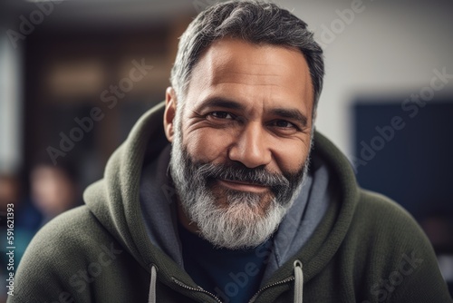 Portrait of handsome mature man with grey beard looking at camera while standing indoors