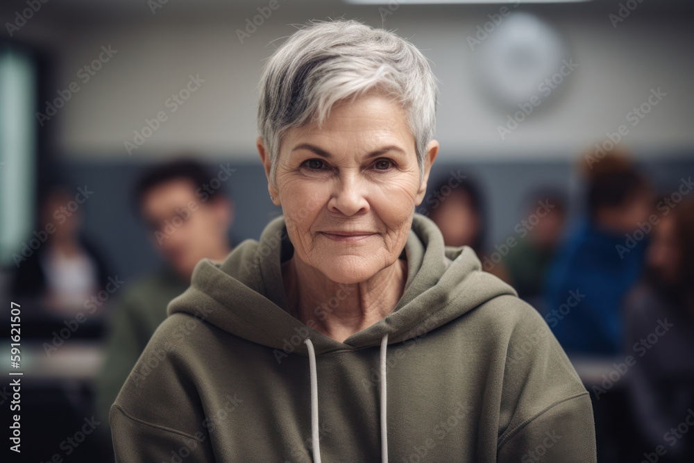 Fototapeta premium Portrait of smiling senior businesswoman with colleagues in background at office