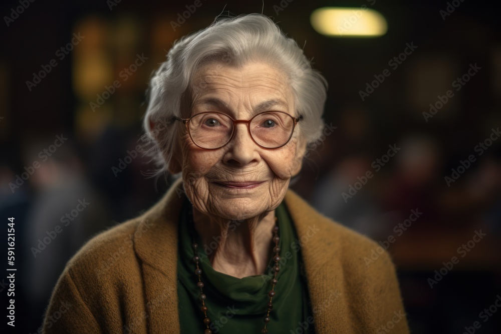 Portrait of an elderly woman with glasses in a cafe at night Portrait of an elderly woman with glasses in a cafe at night