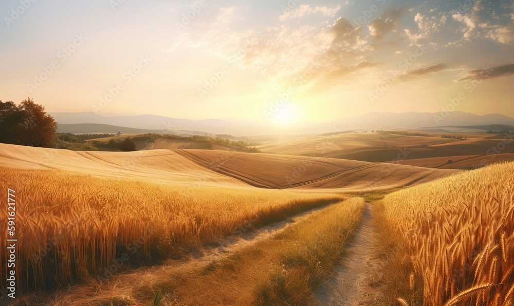  a dirt path in a wheat field with the sun setting in the background.  generative ai