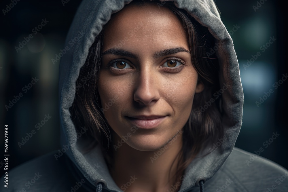 Close-up portrait photography of a pleased, woman in her 30s wearing a stylish hoodie against a classroom or educational setting background. Generative AI Close-up portrait photography of a pleased, woman in her 30s wearing a stylish hoodie against a classroom or educational setting background. Generative AI