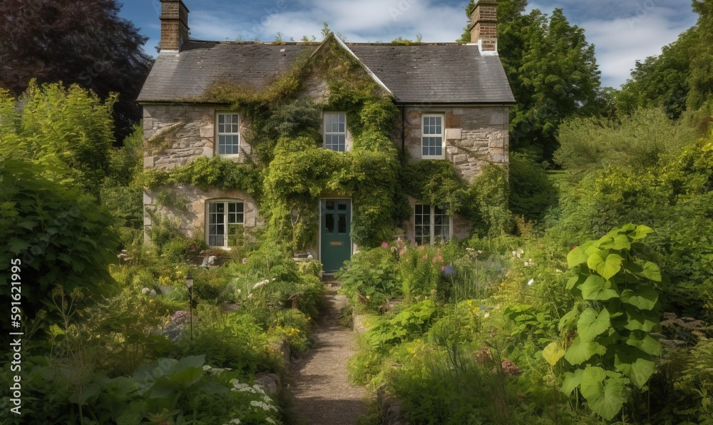 a stone house with a green door surrounded by greenery. generative ai a stone house with a green door surrounded by greenery. generative ai