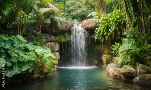  a small waterfall in a tropical garden with lush green foliage. generative ai