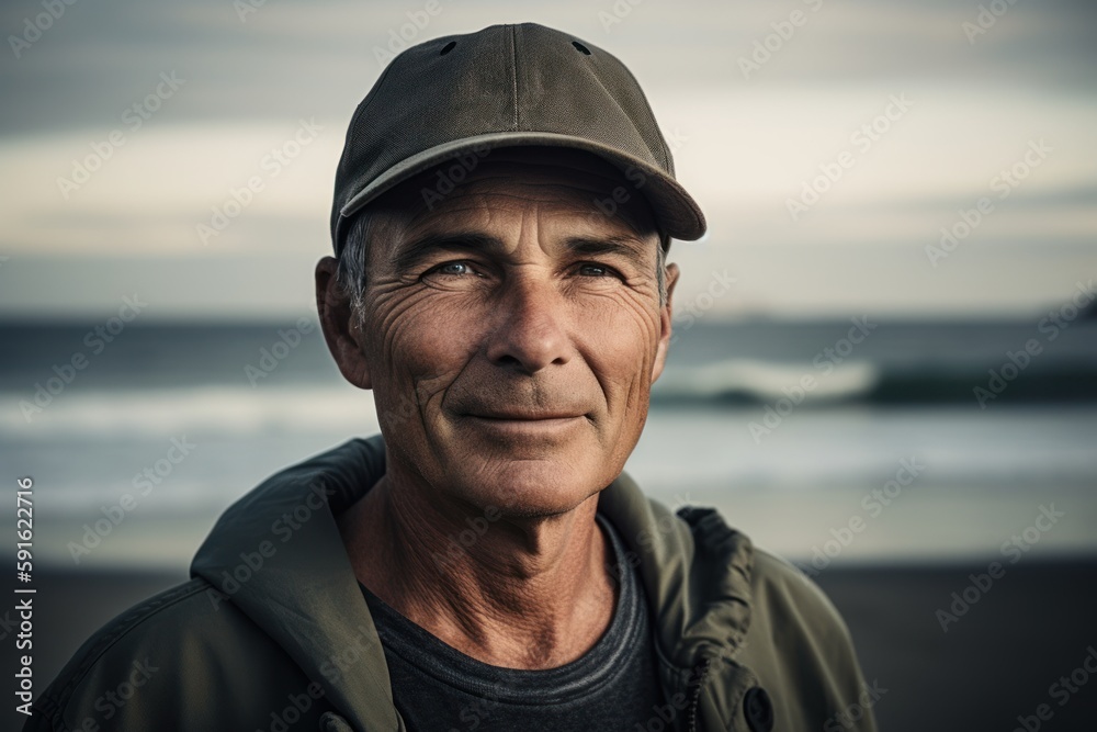 Portrait of a senior man with cap on the beach at sunset
