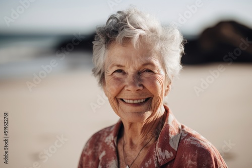 Portrait of smiling senior woman standing on the beach at the day time © Robert MEYNER