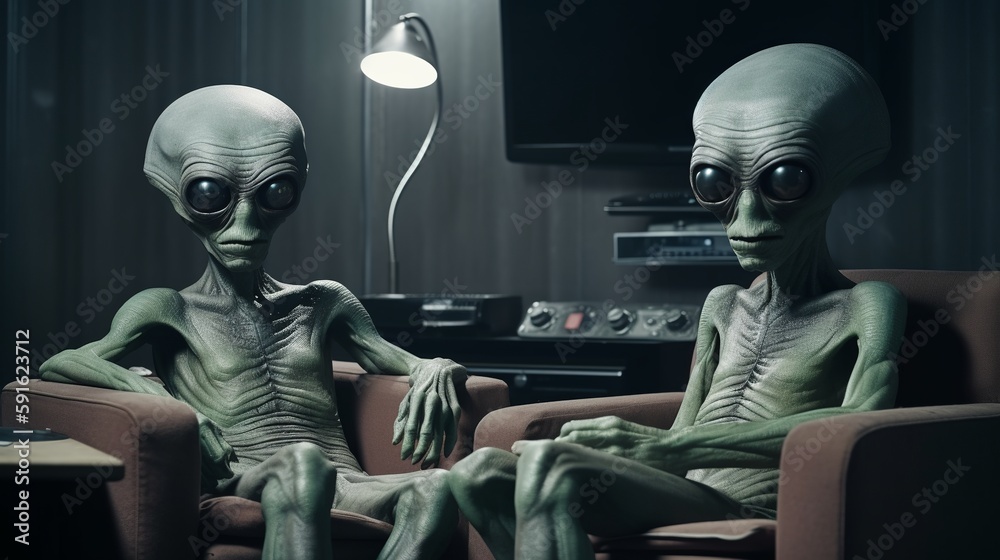 Two aliens sitting on chairs Generative AI Two aliens sitting on chairs Generative AI