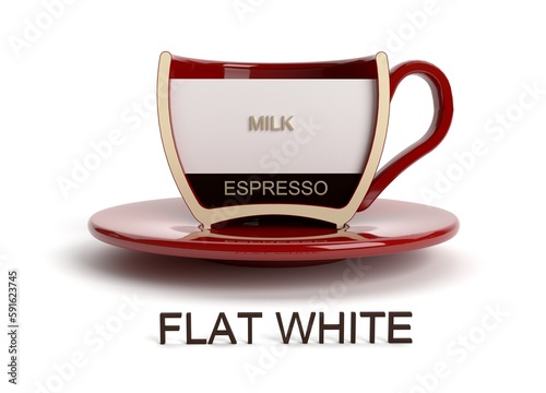 Cutaway coffee cup. Flat white coffee. Cup on a white background. Types of coffee. 3D render. 