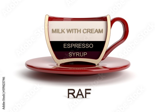 Cutaway coffee cup. Raf coffee. Cup on a white background. Types of coffee. 3D render. 