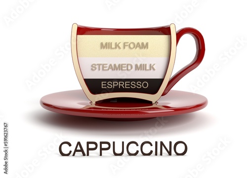 Cutaway coffee cup. Cappuccino coffee. Cup on a white background. Types of coffee. 3D render.