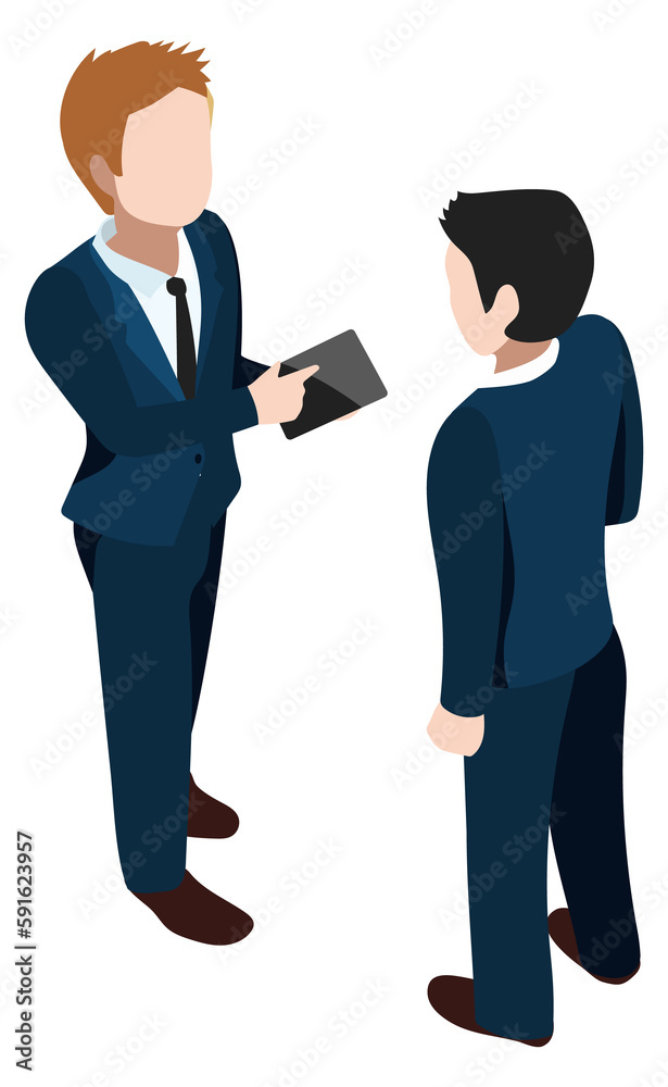 Businessman showing tablet to office manger. Work conversation Businessman showing tablet to office manger. Work conversation