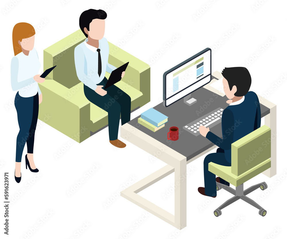 Office workers doing report to manager. Isometric scene