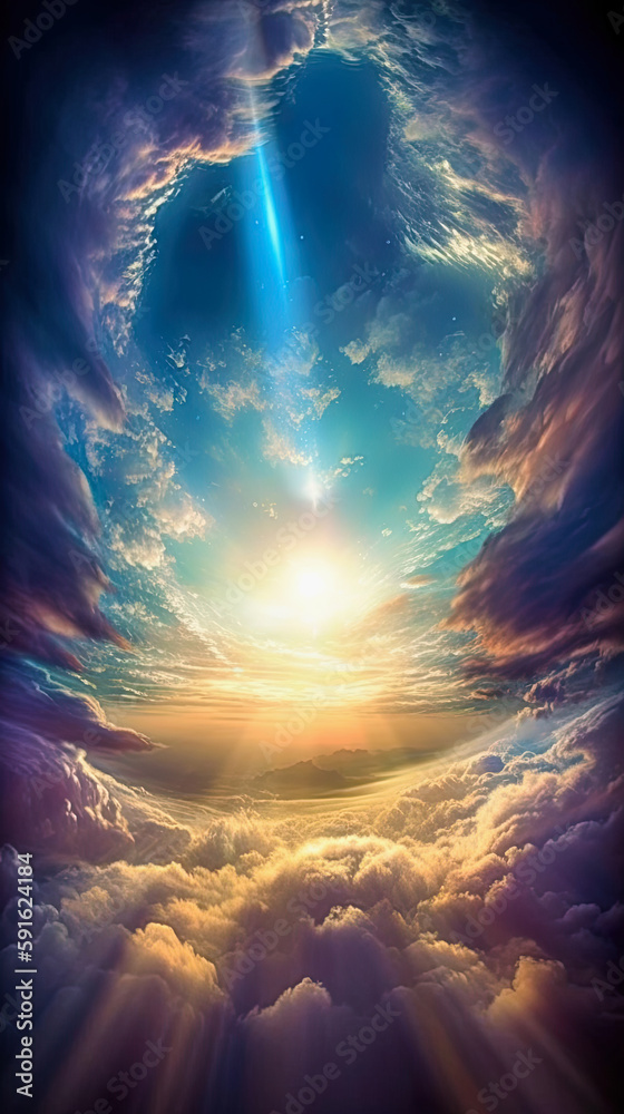 Fototapeta premium ai generative illustration of a bright wonderful heaven with a light of peace in the middle, fantasy art
